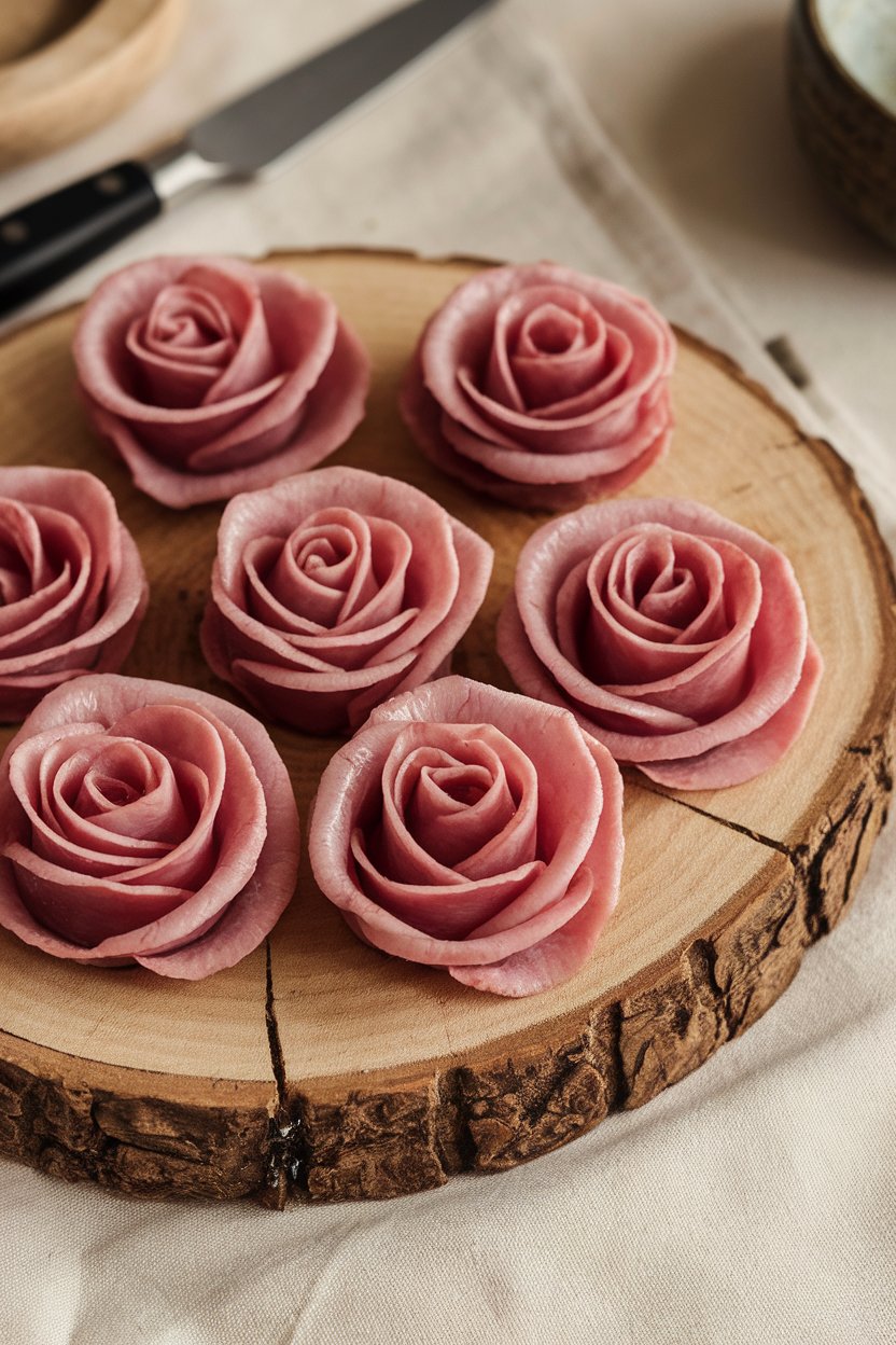 Close-up inside scene of salami slices shaped into rose forms on a wooden board, no text or logos