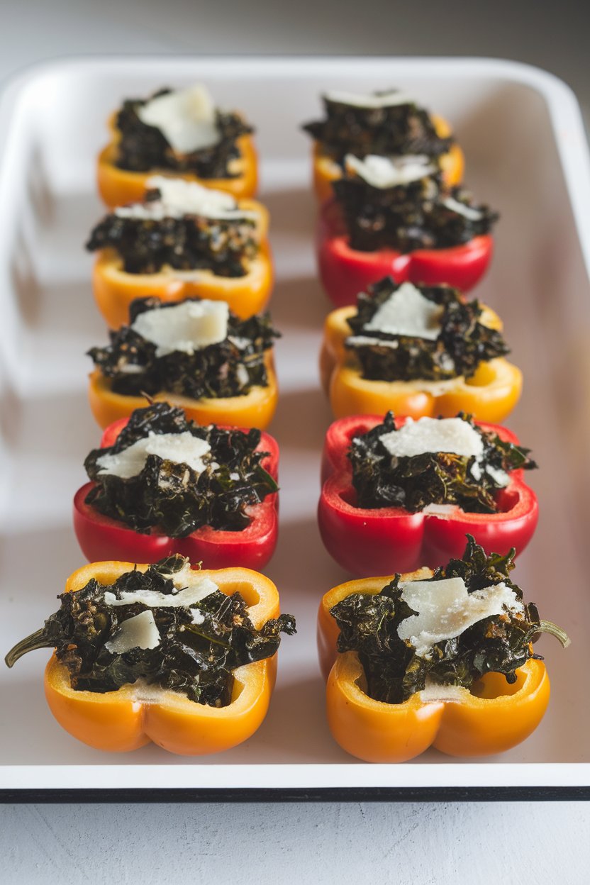 Photo of halved mini bell peppers filled with sautéed kale and Parmesan mixture, lined on a white tray indoors. No text or logos.