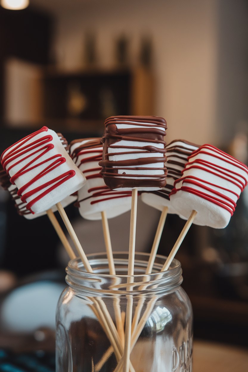 Photo of marshmallow pops on sticks dipped in chocolate and decorated with red drizzle, displayed upright in a glass jar indoors. No text or logos.