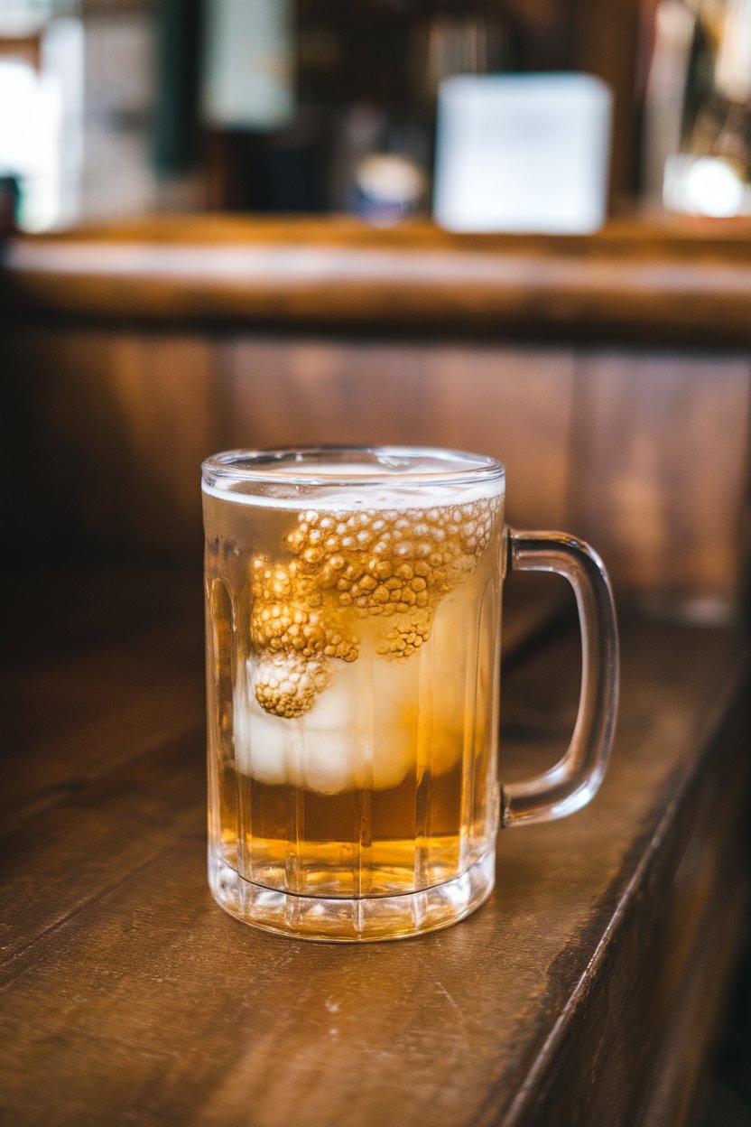 Indoor pub bench with a clear mug half beer, half ginger ale, golden bubbles rising, no logos or text. Photo only.