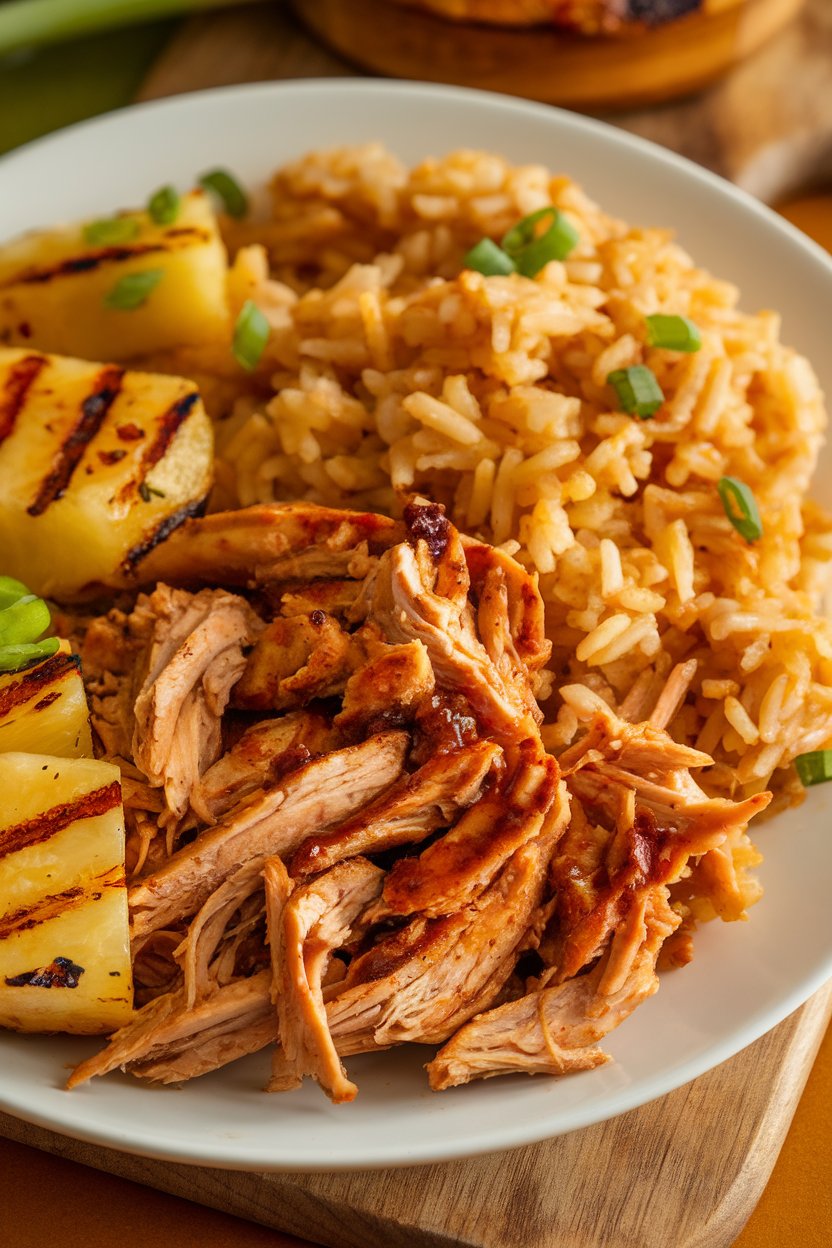 Indoor plate of shredded jerk-seasoned chicken with grilled pineapple chunks and rice. No text or logos seen.
