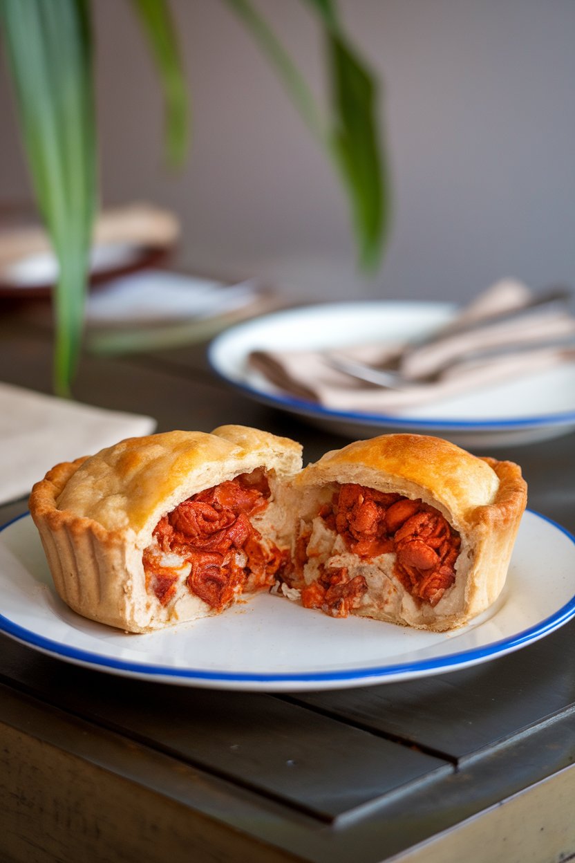 An indoor dining table with a small, personal-size meat pie cut to reveal spicy crawfish filling; golden crust flakes visible. No text or logos. Photo.