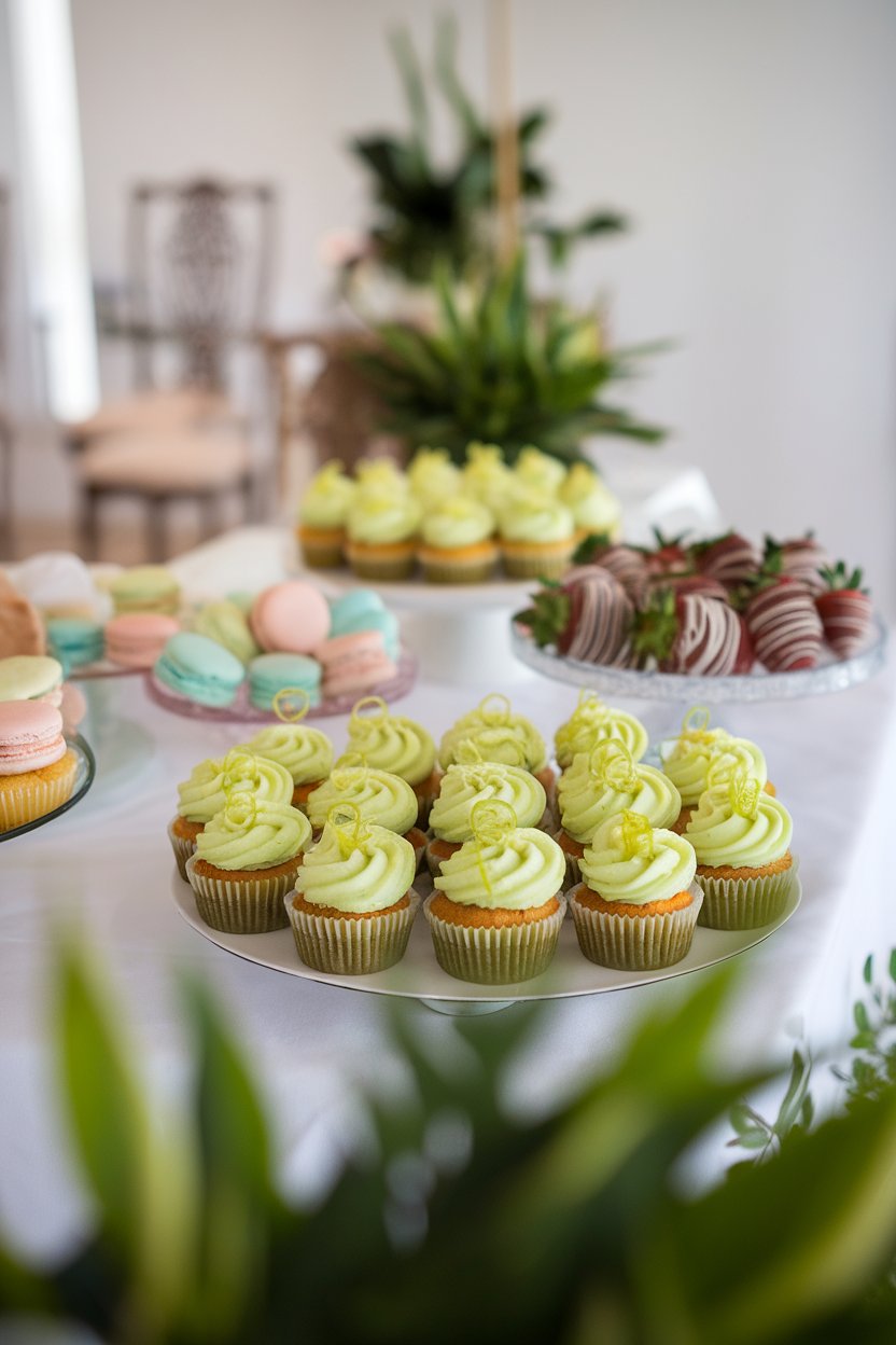 An indoor dessert table with lime-green frosted cupcakes topped with tiny lime zest spirals, photographed at eye level. No text or logos.