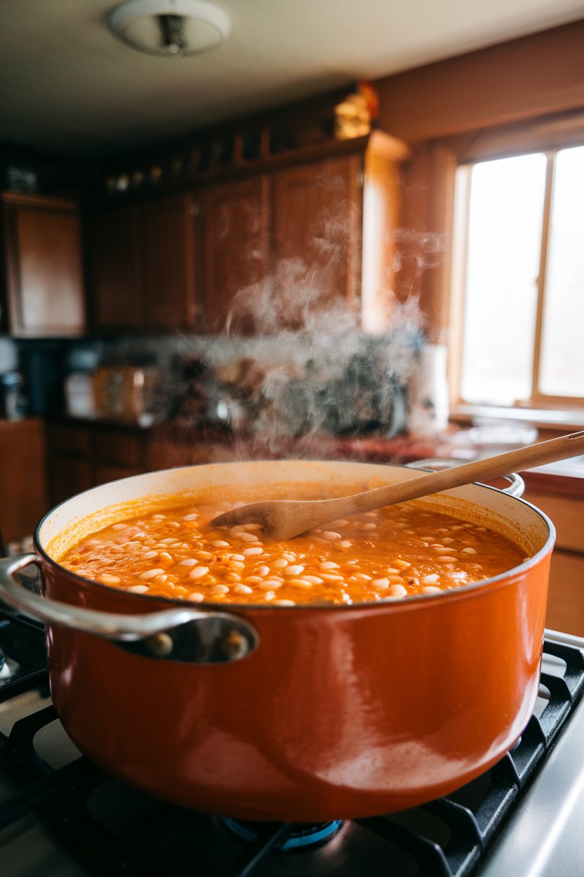 An indoor stovetop scene with a stockpot of orange-hued pumpkin chili dotted with white beans, steam rising. No branding or text.