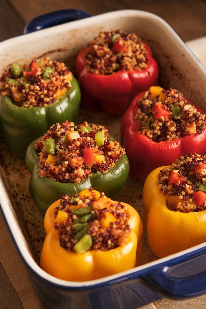 A close-up, indoor shot of bell peppers filled with colorful quinoa and diced vegetables, lightly browned on top inside a ceramic baking dish. No text or logos in view; photo only.
