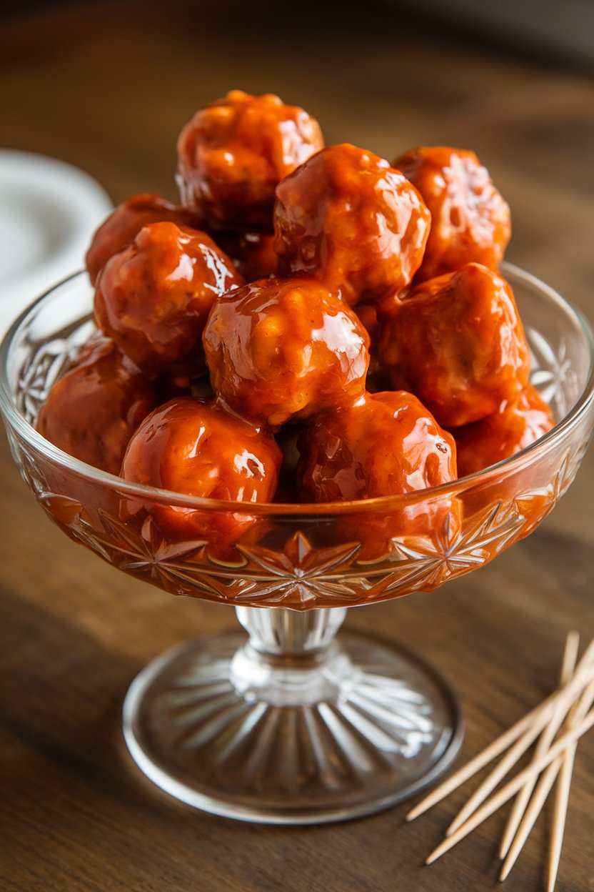 Indoor serving bowl filled with glazed cocktail meatballs coated in a shiny red honey-sriracha sauce, toothpicks nearby. No logos or text.