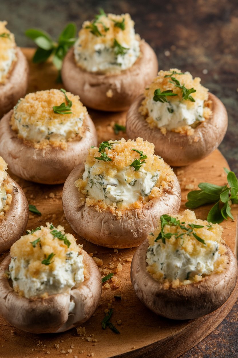Indoor photo of baby bella mushrooms filled with herbed cream cheese and breadcrumbs, baked to golden tops. No text or logos present.