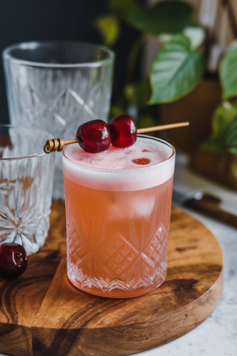 Indoor bar with a Collins glass of pinkish cherry bourbon fizz, foam cap on top, skewered cherry garnish, no text or logos. Photo only.