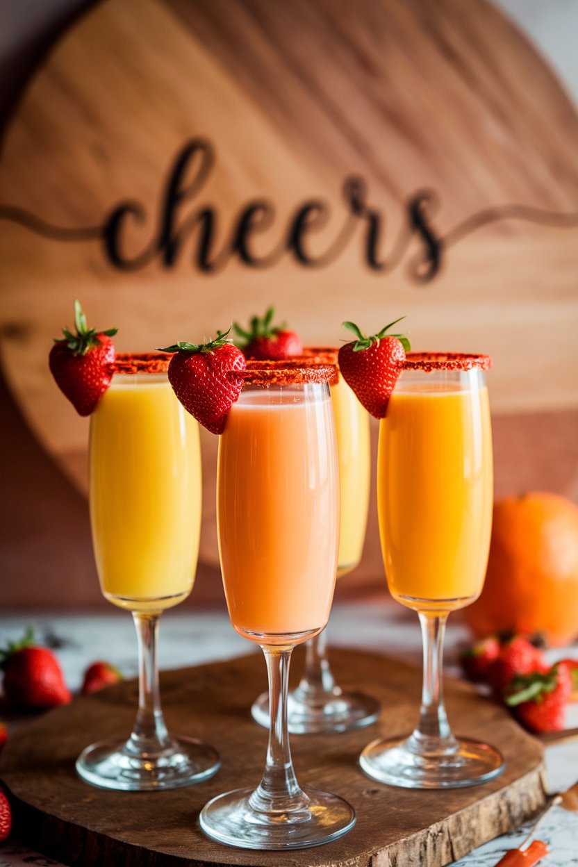 Indoor photo of flute glasses filled with sparkling non-alcoholic cider and orange juice, garnished with strawberry hearts on the rim, no text or logos