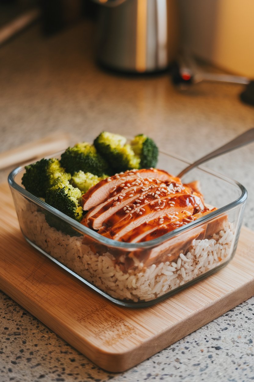 Indoor photo of a glass meal-prep container holding sliced teriyaki chicken breast, steamed broccoli florets, and brown rice sprinkled with sesame seeds. Warm countertop lighting, no text or logos.