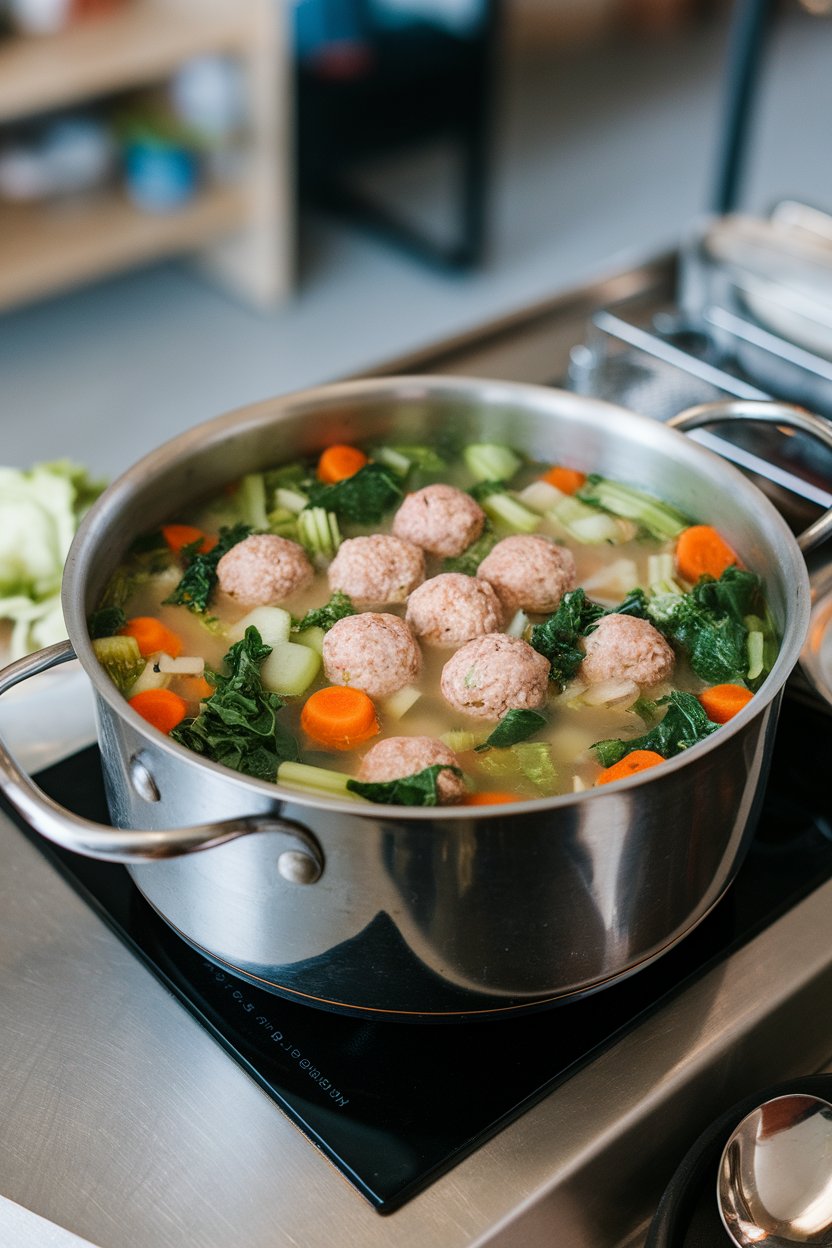 Indoor counter showing a pot of Italian wedding soup with mini meatballs and greens. No text or logos.