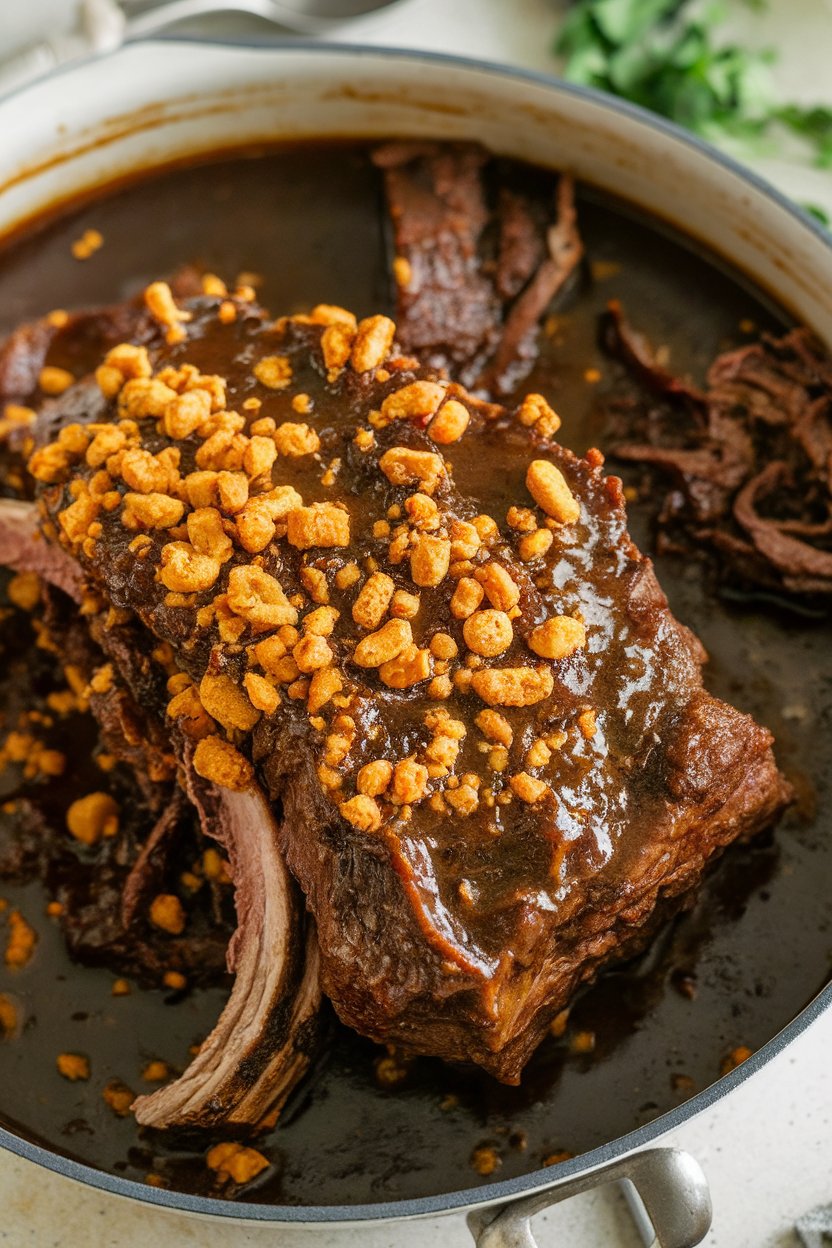 Indoor photo of short ribs in dark tangy gravy, gingersnap crumbs visible; no text or logos
