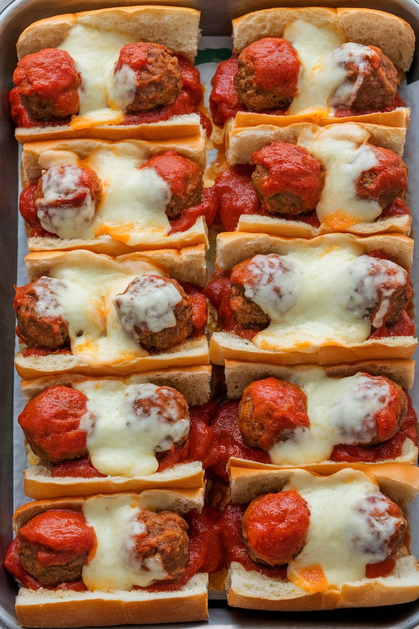 Indoor photo of toasted hoagie rolls overflowing with marinara-coated meatballs and melted provolone, lined up on a tray; no text or logos.