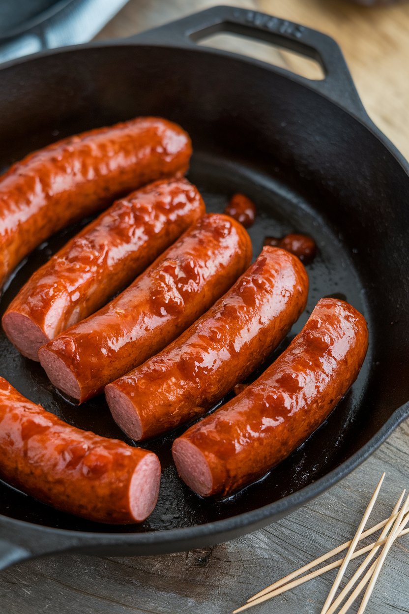 Indoor skillet with sliced cooked bratwurst rounds glazed in beer reduction, toothpicks nearby, no text or logos. Photo only.