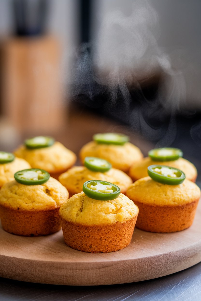 Indoor photo of mini cast-iron cornbread muffins dotted with jalapeño coins on top, steam rising; no text or logos