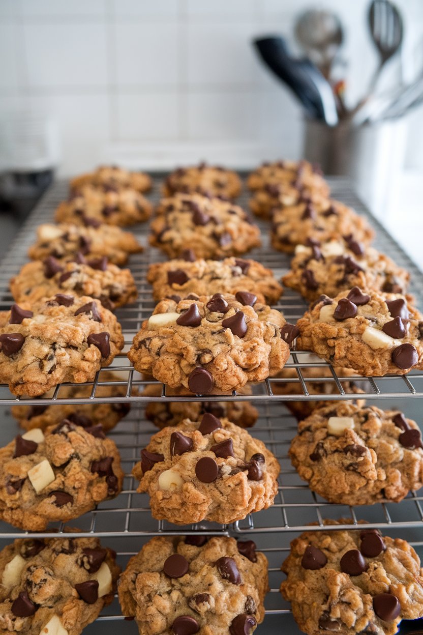 Indoor cookie rack holding chunky oat cookies with visible chocolate chips and banana pieces, no text or logos.