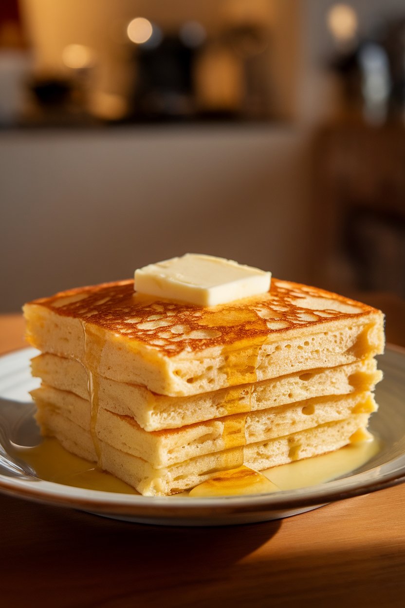 Golden pancake square with visible browned butter specks and a pat of butter melting on top, indoor warm lighting, no text or logos.