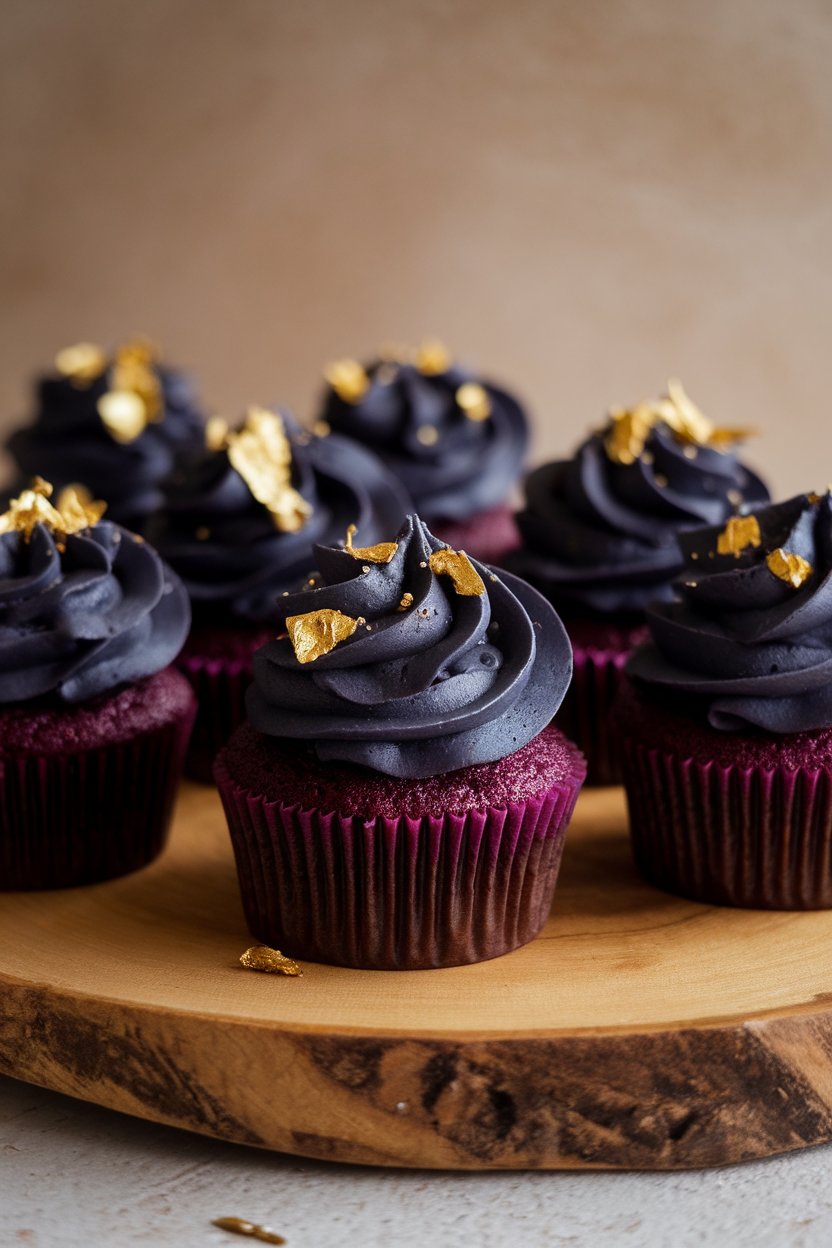 Indoor photo of deep purple cupcakes with charcoal-black frosting and gold leaf flecks, no text or logos