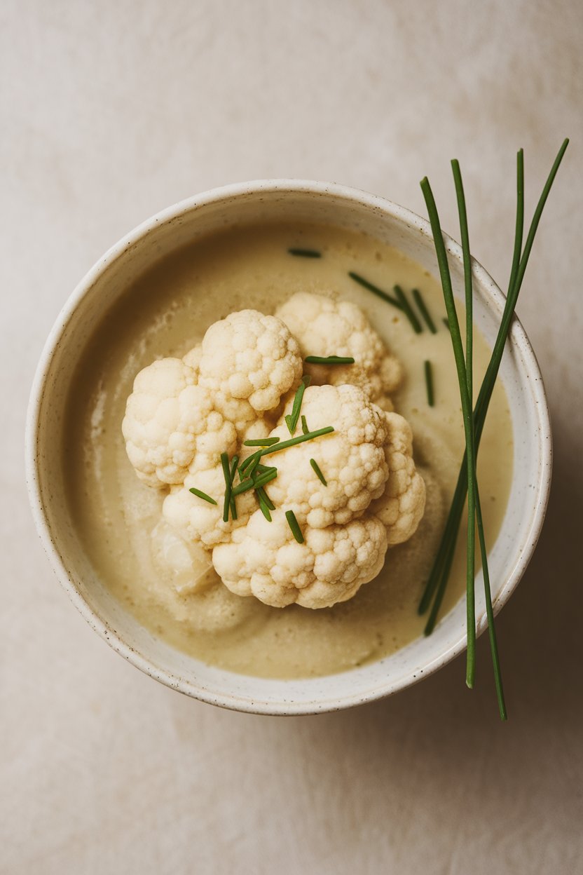 Indoor photo of a pale, velvety cauliflower soup in a minimalist bowl, sprinkled with chives; no text or logos visible.