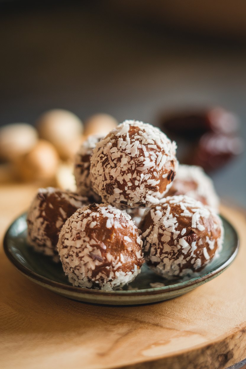 Indoor photo of round energy bites coated in shredded coconut and speckled with cacao nibs on a small plate, no text or logos