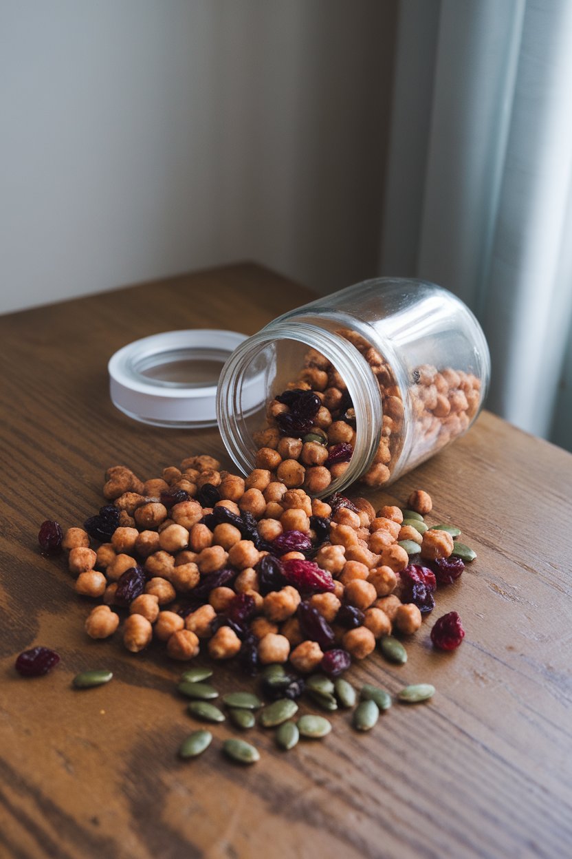Photo of a glass jar tipped over, spilling cinnamon-sugar roasted chickpeas mixed with dried cranberries and pumpkin seeds onto a wooden table indoors. No text or logos.