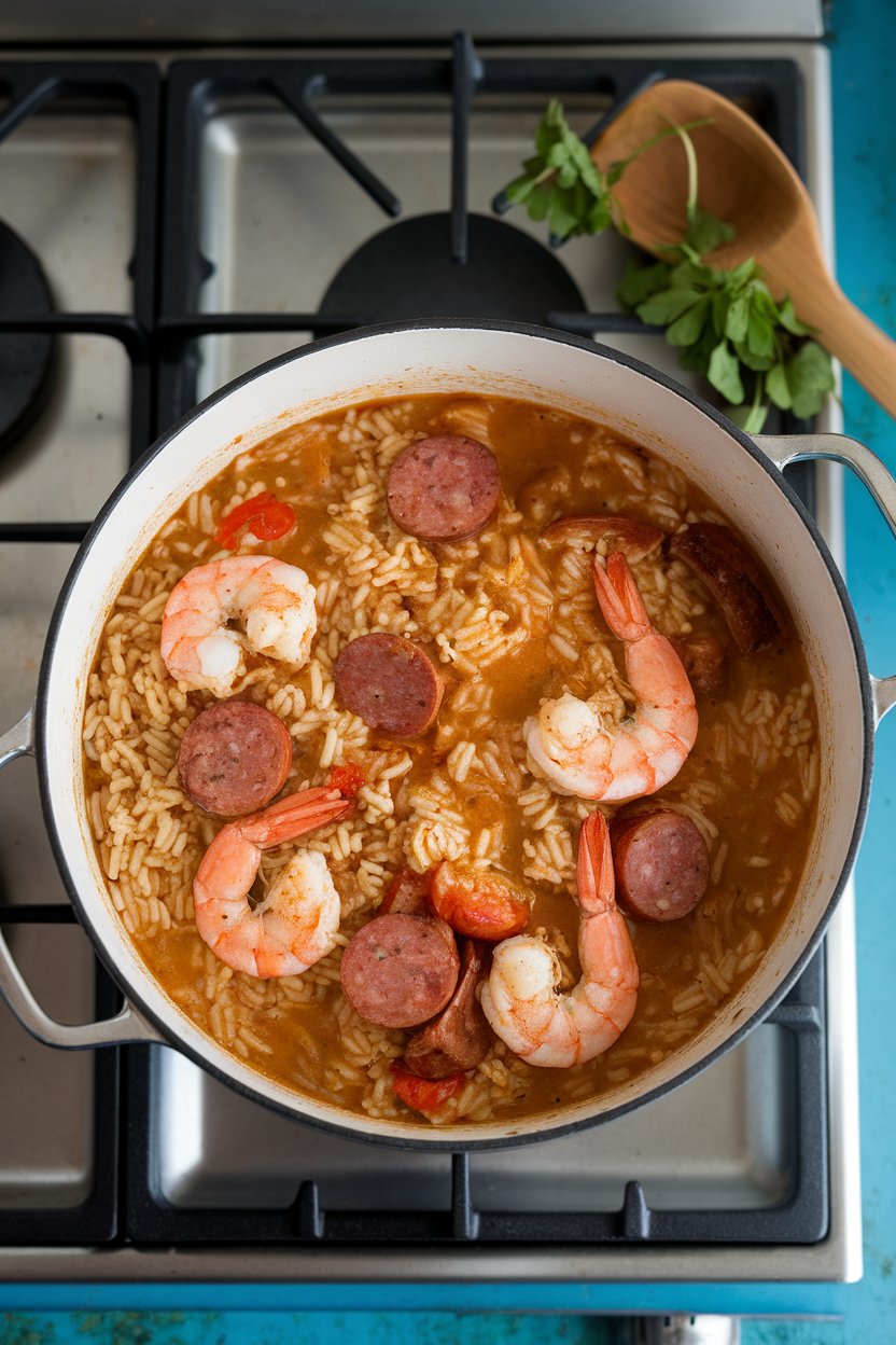 Indoor stovetop scene showing a pot of jambalaya—rice, sausage, chicken, and shrimp in reddish broth. No text or logos.