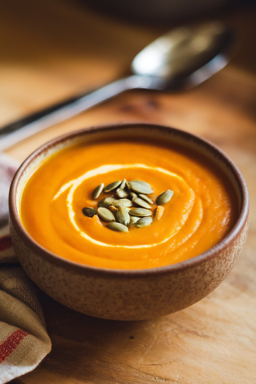 Indoor photo of a soup bowl filled with velvety orange butternut squash soup, pumpkin seeds sprinkled on top. No text or logos.