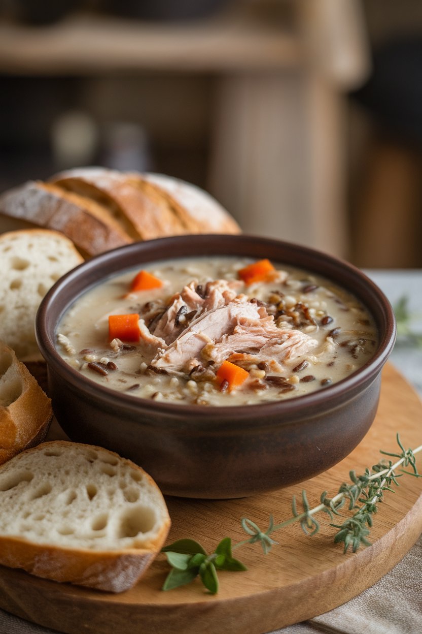 Indoor photo featuring a hearty bowl of soup with shredded turkey, wild rice, and diced carrots in a creamy broth; no text or logos.