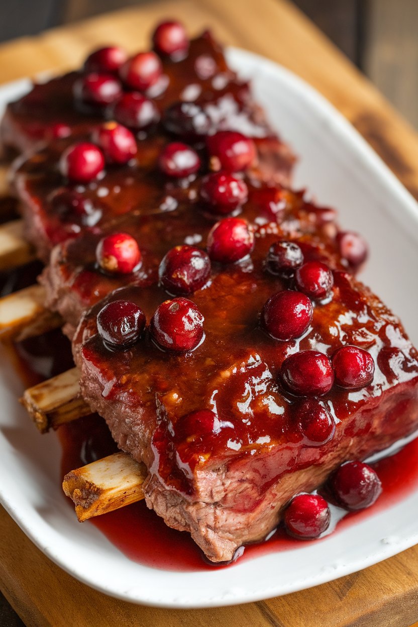 Indoor photo of short ribs in ruby port-cranberry glaze, few whole cranberries visible; no text or logos