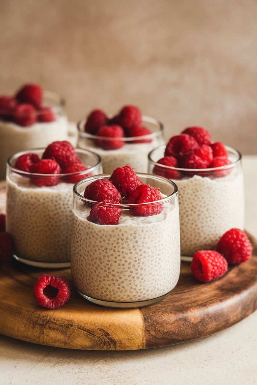 Indoor photo of glass cups filled with creamy vanilla chia pudding topped with raspberries, no logos.
