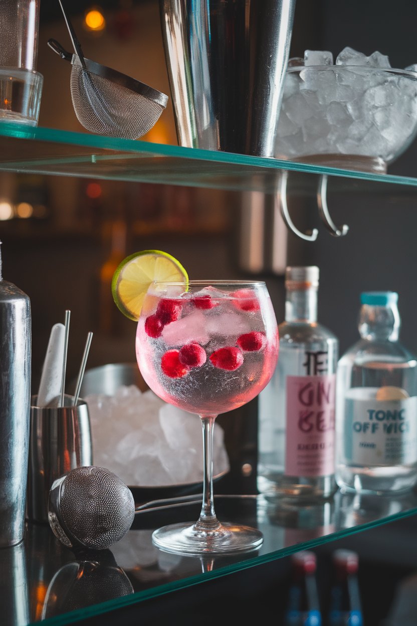 An indoor bar shelf with balloon glass of pink G&T, frozen cranberries bobbing, lime wedge perched; photo, not illustration; no text or logos.