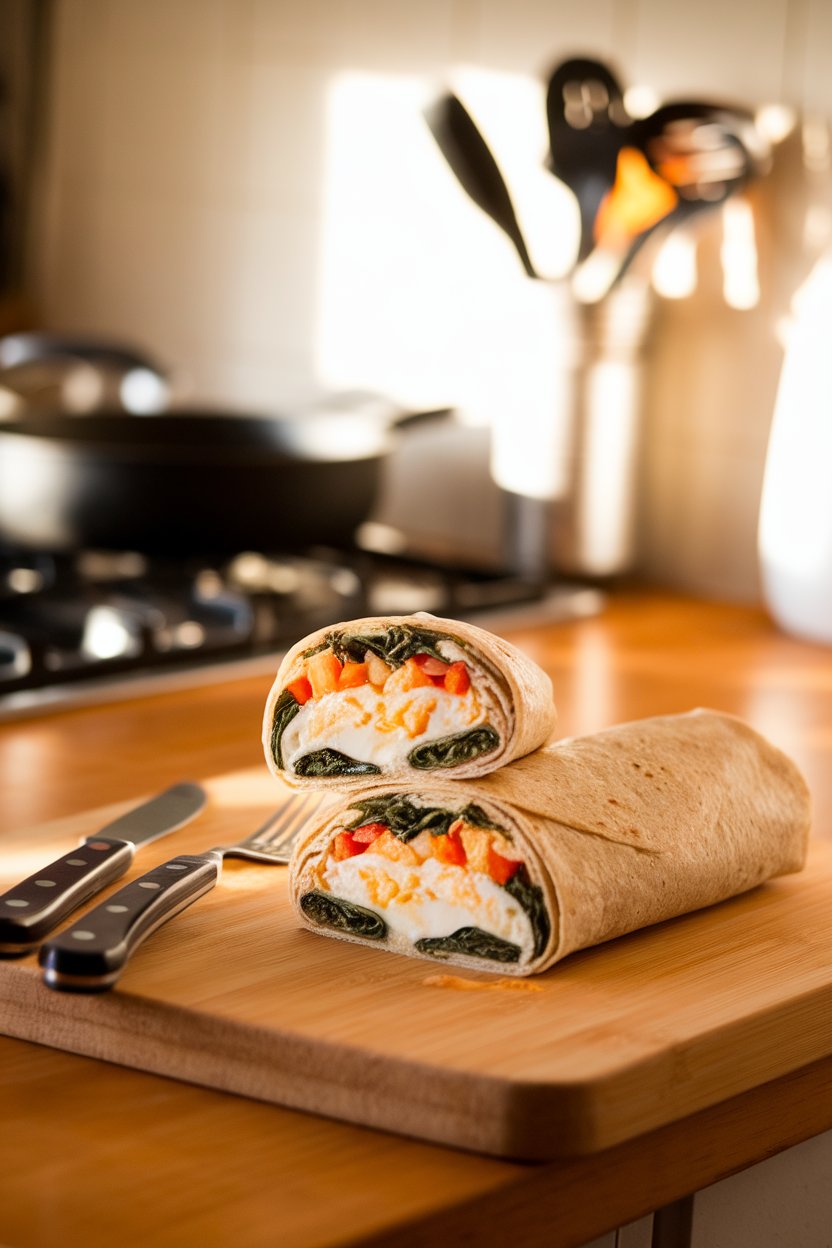 A warmly lit indoor kitchen island with sliced breakfast burritos revealing egg whites, spinach, and diced peppers inside a whole-wheat tortilla; no text or logos. Photo only.