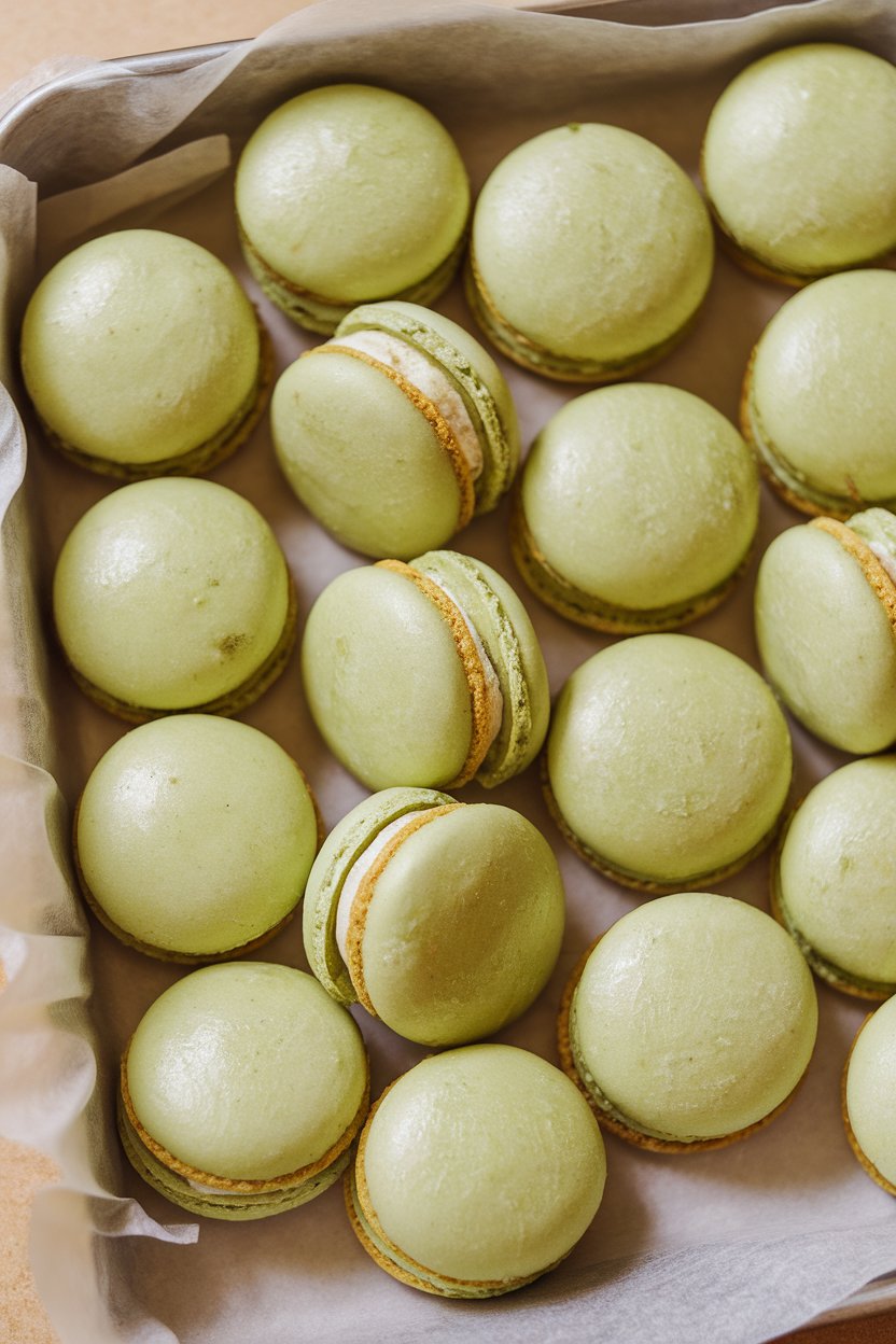 An indoor parchment-lined tray of dome-shaped coconut macaroons tinted light green, edges golden, no text or logos. Photo only.