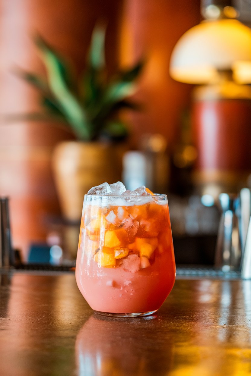Photo of a wide tumbler indoors full of orange-pink rum punch with crushed ice, chunky fruit pieces floating, bar counter in warm tones, no text or logos