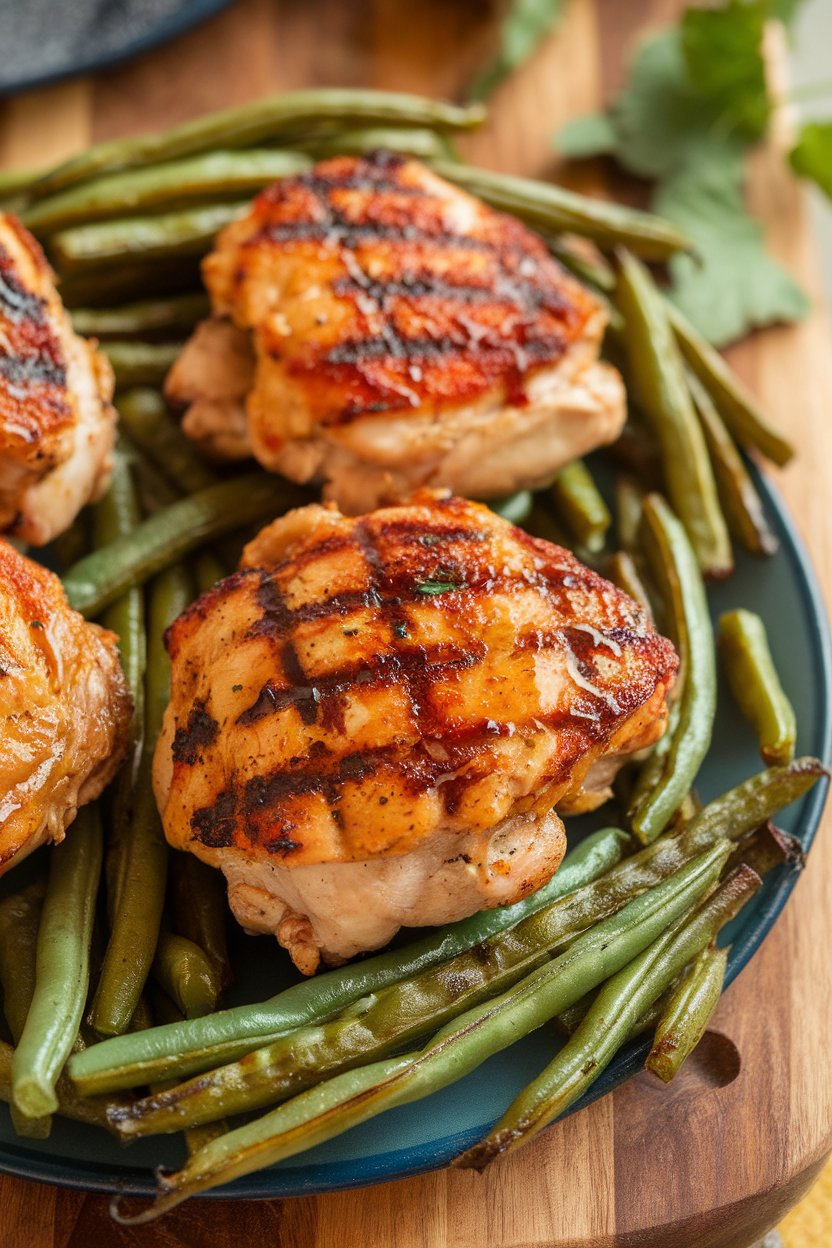 Photo of grilled chicken thighs brushed with honey mustard glaze, arranged on a platter with roasted green beans, indoor lighting. No text or logos.