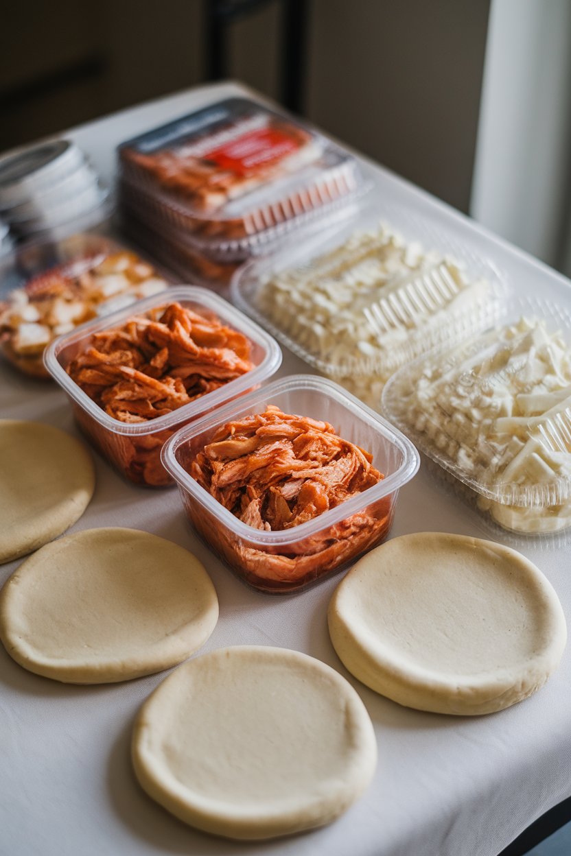 Indoor table with small containers of cooked shredded BBQ chicken, mozzarella, and pizza dough round wrapped separately. No text or logos.