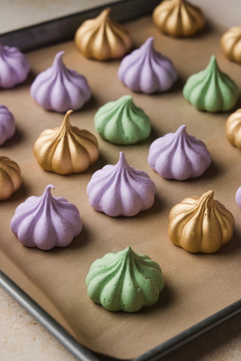 Indoor photo of crisp meringue kisses in purple, green, and gold shades, scattered on a baking sheet. No text or logos.