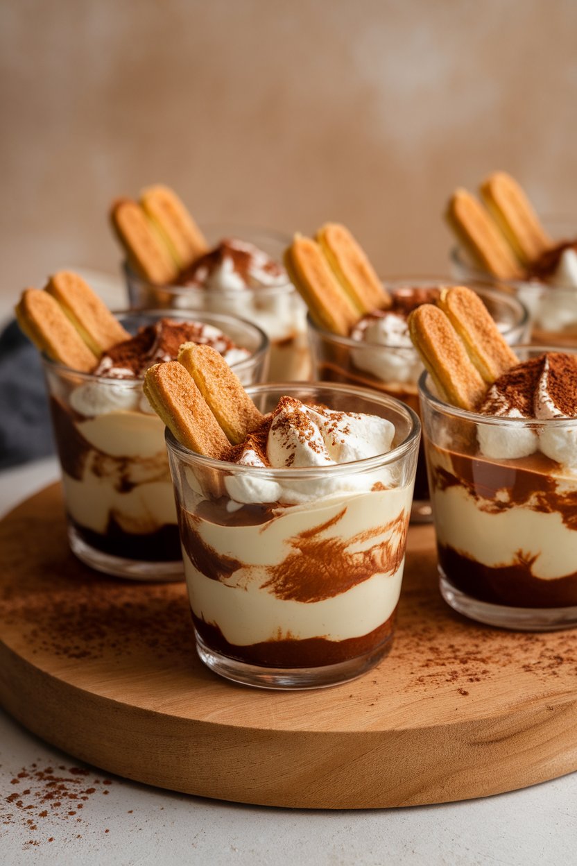 Indoor photo of individual glass cups layered with mascarpone cream, coffee-soaked ladyfingers, and cocoa dust, no text or logos