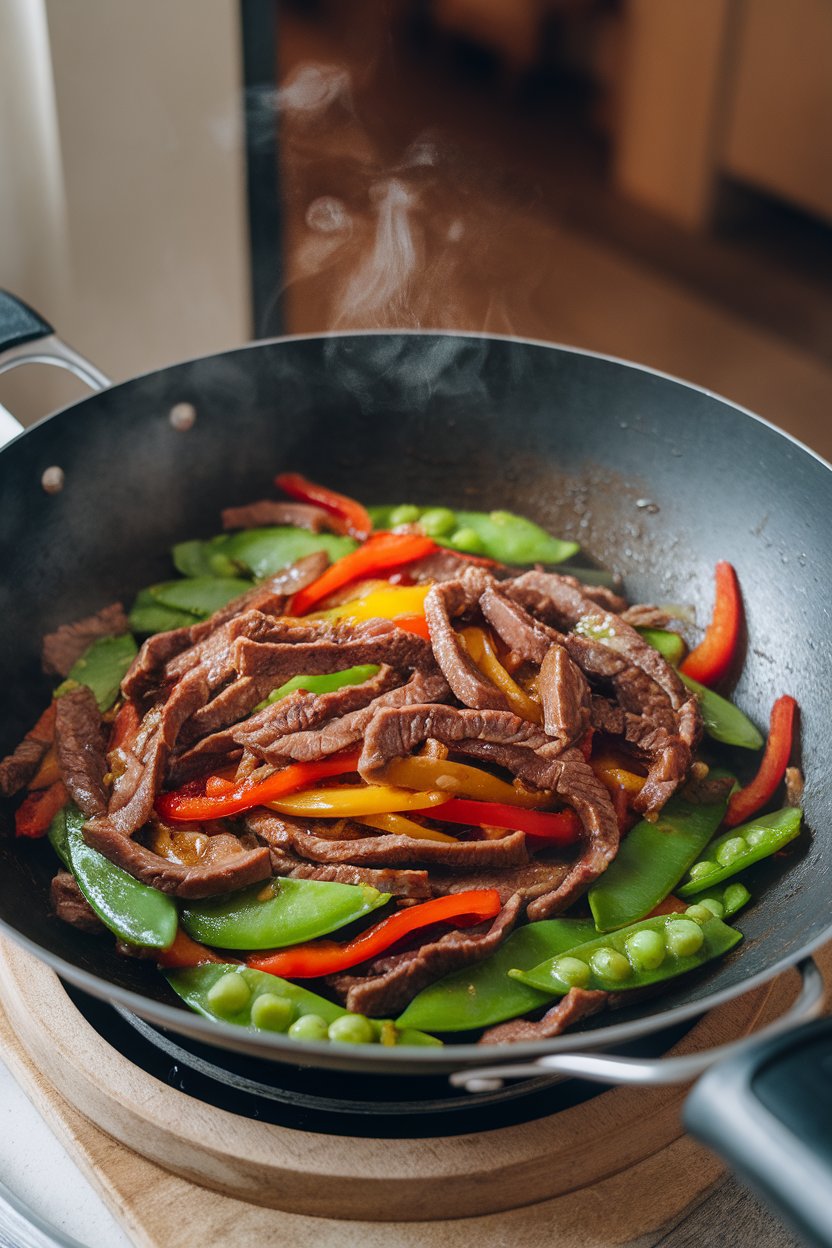 Photo of a wok full of thin beef strips, bell peppers, and snow peas coated in a glossy sauce, steam rising under indoor kitchen lighting. No text or logos.