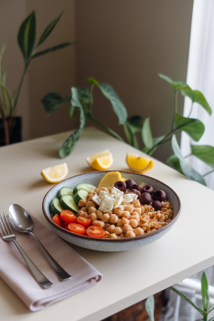 An indoor lunch table featuring a bowl of chickpeas, cucumber, cherry tomatoes, olives, and feta over farro with lemon wedges; no text or logos. Photo only.