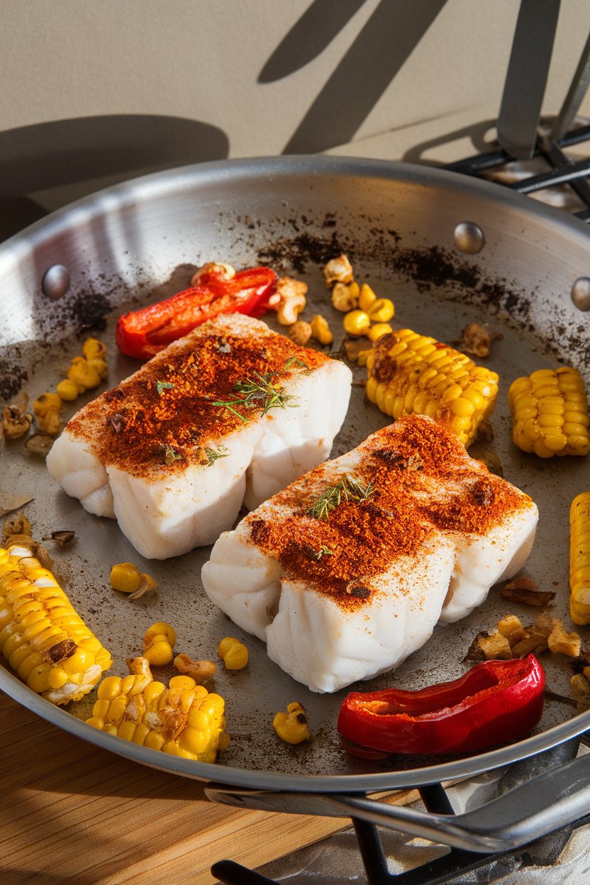 Indoor photo of flaky white cod fillets dusted with Cajun spices, surrounded by roasted corn kernels and red bell pepper on a metal pan. No text or logos.