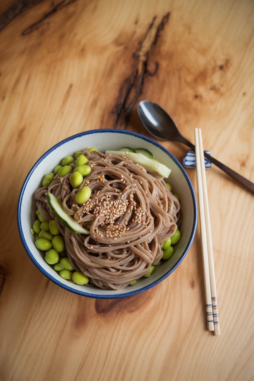 Indoor photo of a wide bowl of chilled buckwheat soba noodles tossed with shelled edamame, cucumber ribbons, and sesame seeds. No text or logos.