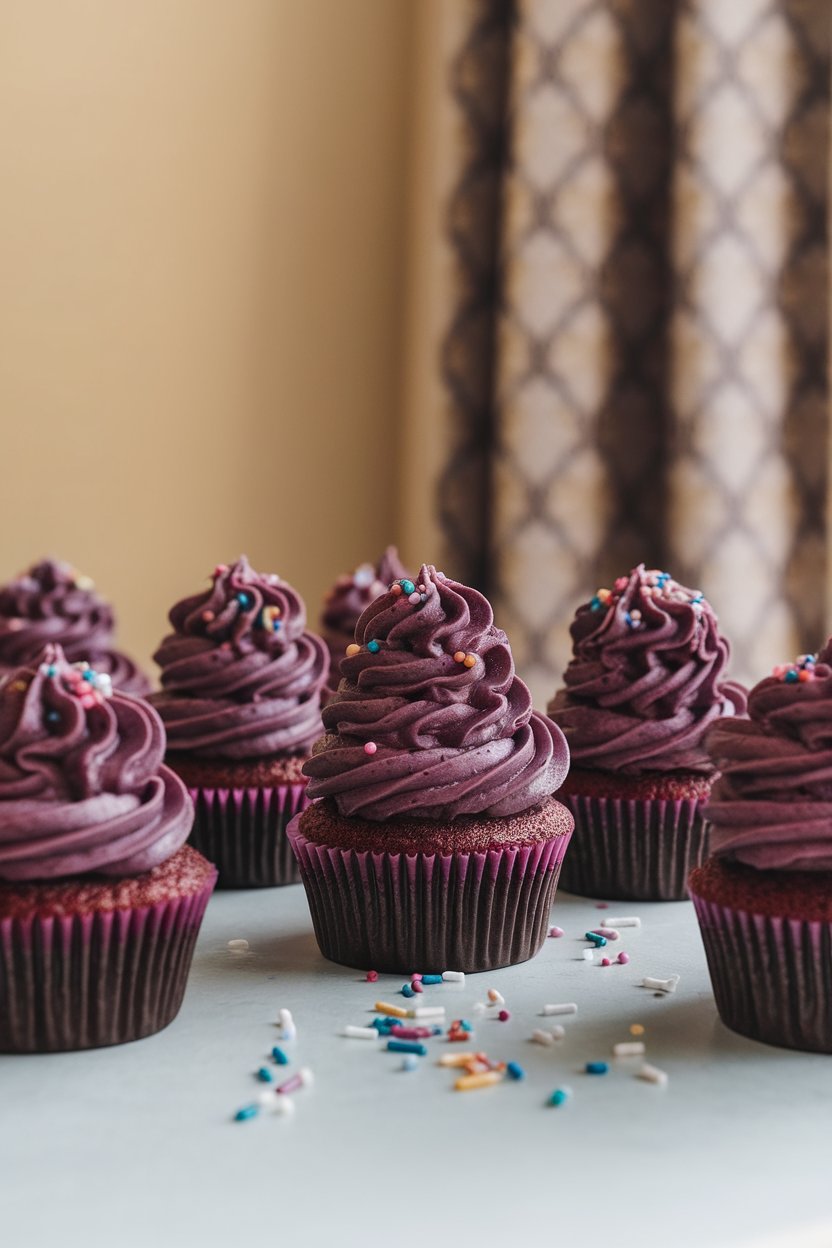Indoor photo of deep-purple cupcakes with cream-cheese frosting spiraled high, sprinkles scattered on the table. No text or logos.