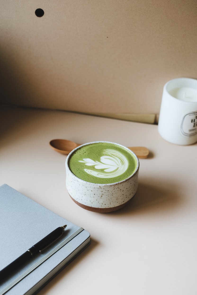 An indoor minimalist desk scene with a ceramic bowl of green matcha latte topped with delicate foam art. No logos or text. Photo, not illustration.