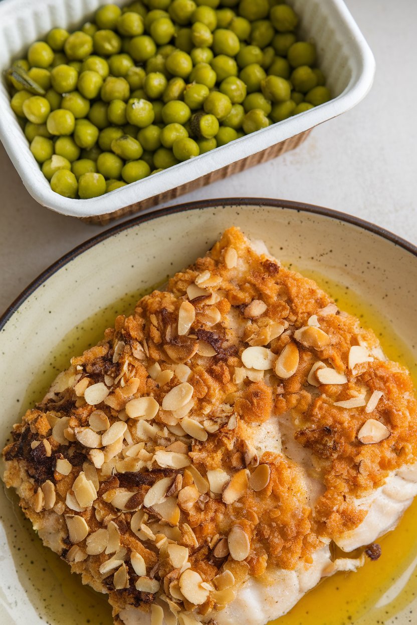 Indoor photo of golden almond-crusted tilapia fillet beside buttered sweet peas in a container, no logos.