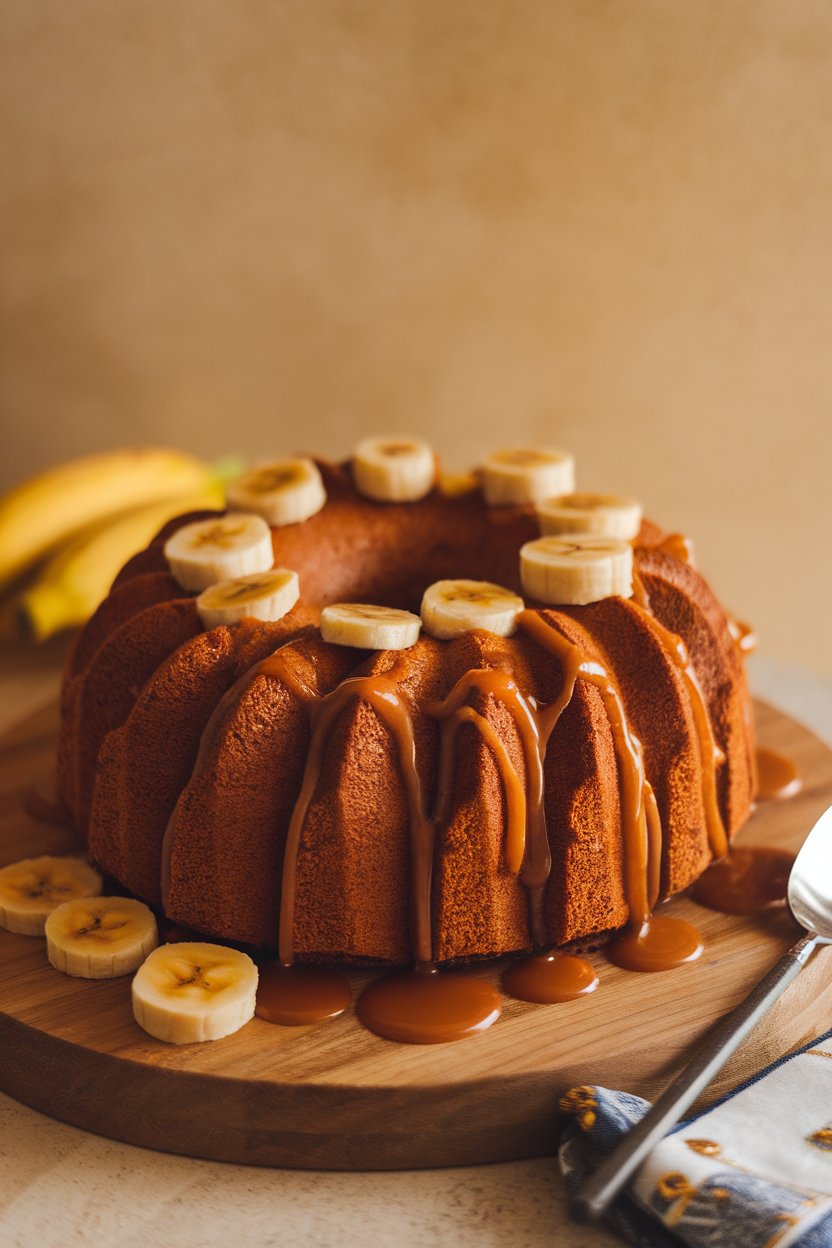 Warm indoor photo of a king cake drizzled with rum-caramel sauce and topped with caramelized banana coins; no text or logos.