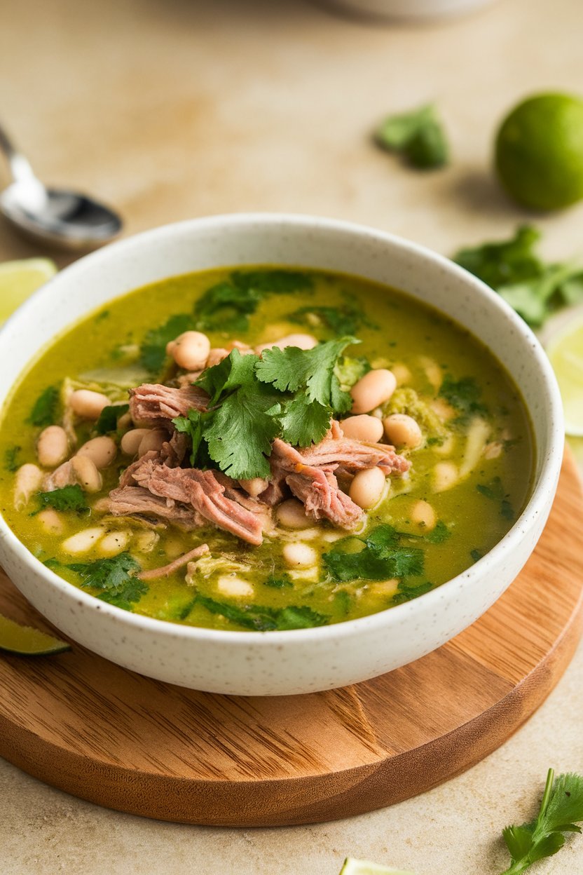 Indoor photo of green salsa verde soup—shredded pork, white beans, and cilantro in tangy green broth. No text or logos. Photo.