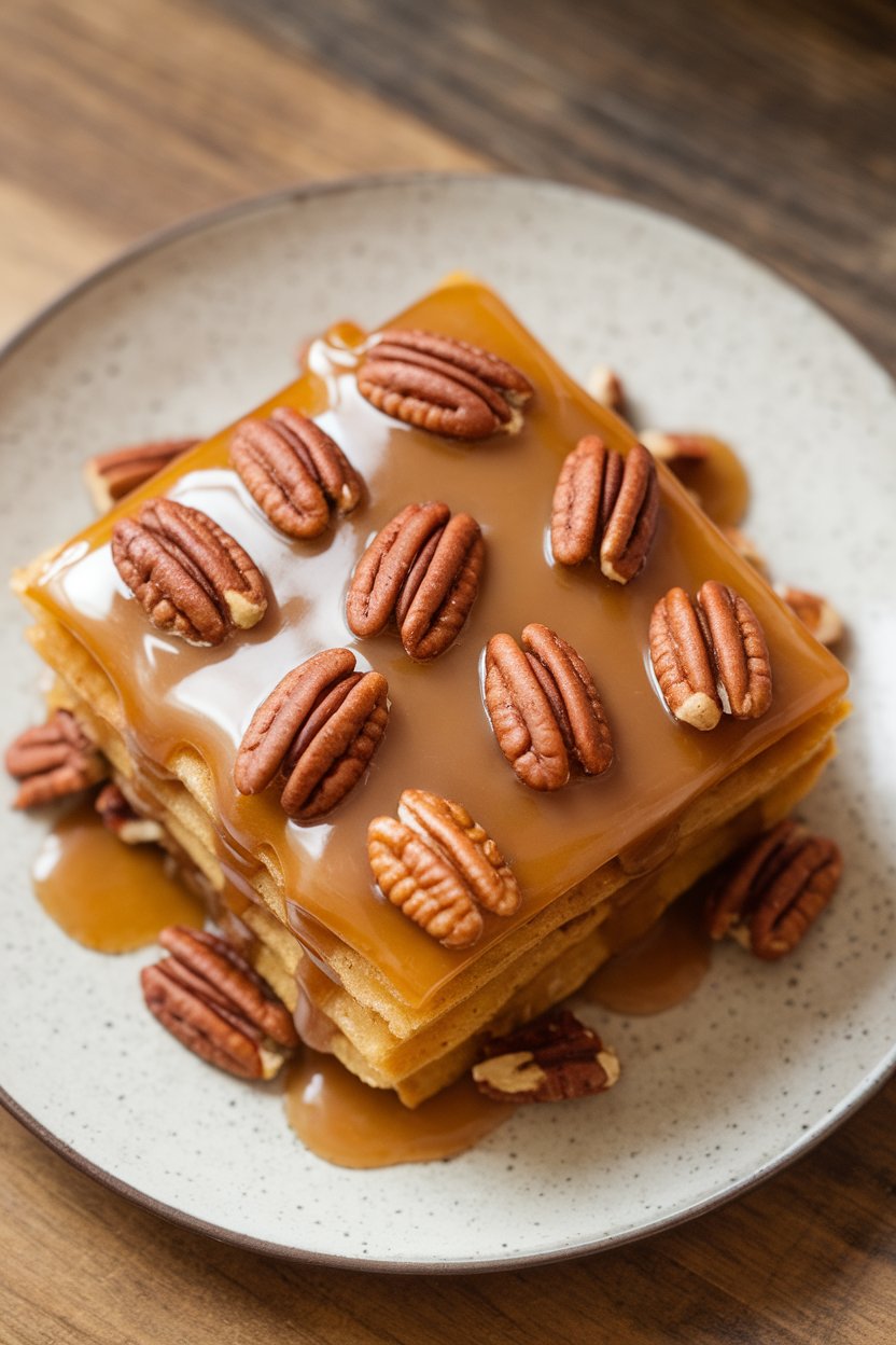 Photo of a caramel-glazed pancake square dotted with toasted pecans, indoor warm lighting, no text or logos.