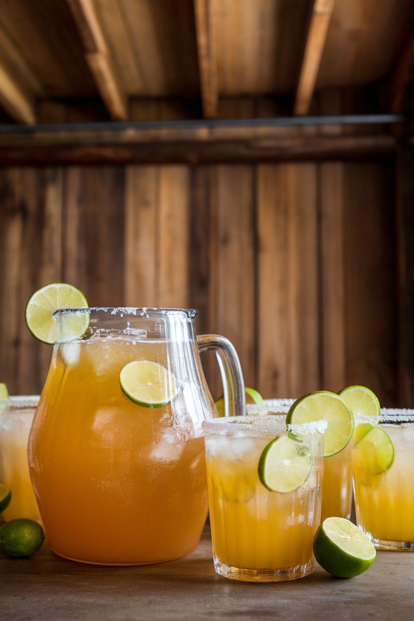 Indoor photo of a large pitcher of golden beer-margarita with lime wedges on the rim of glasses, no text or logos.