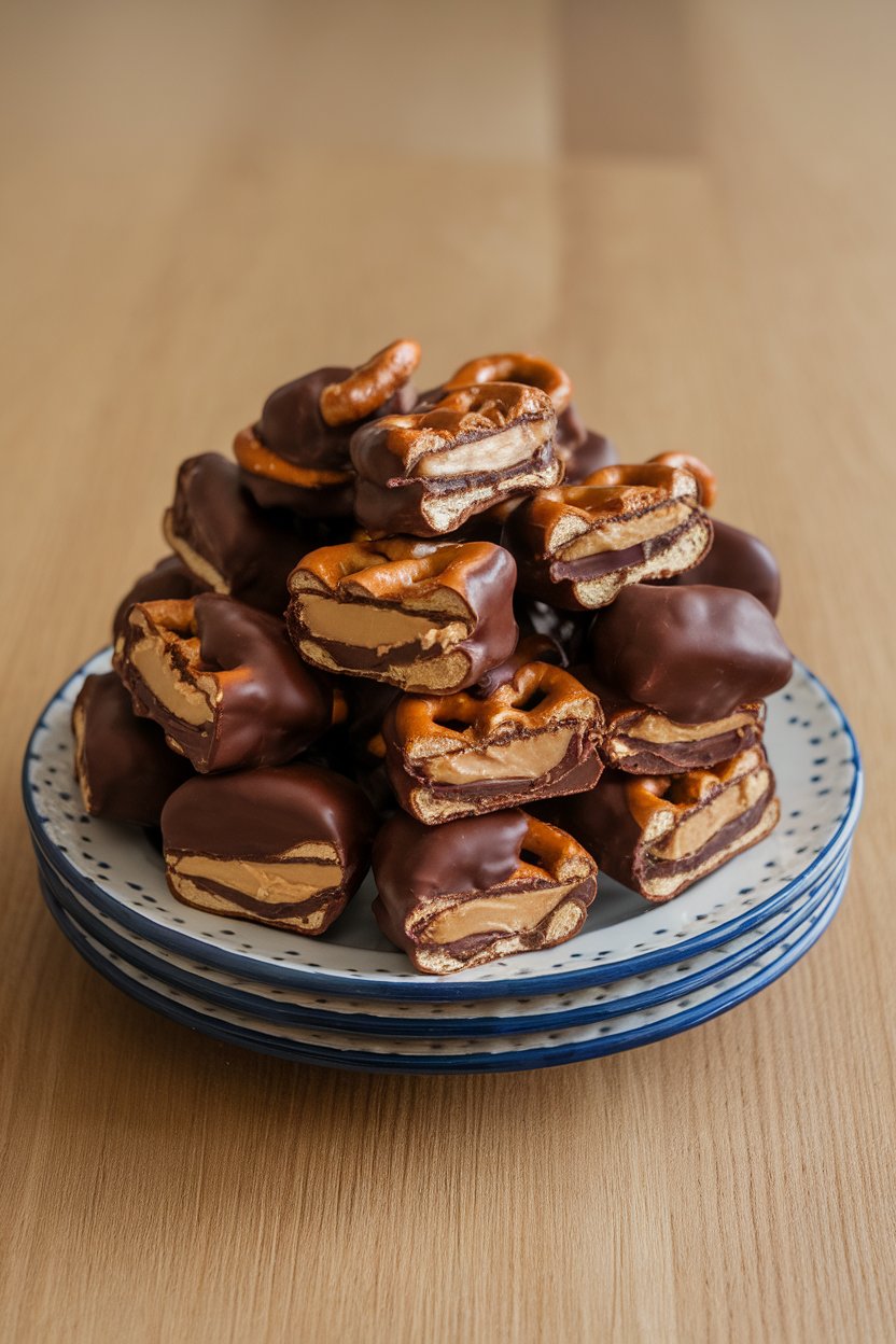 Indoor dessert plate stacked with sandwich-style pretzel bites partially dipped in chocolate, peanut butter filling visible. No text or logos.